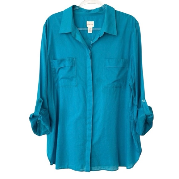 Chico's Tops - Chico’s Blue Cotton Lightweight Button Up Roll Tab Tunic Size XL